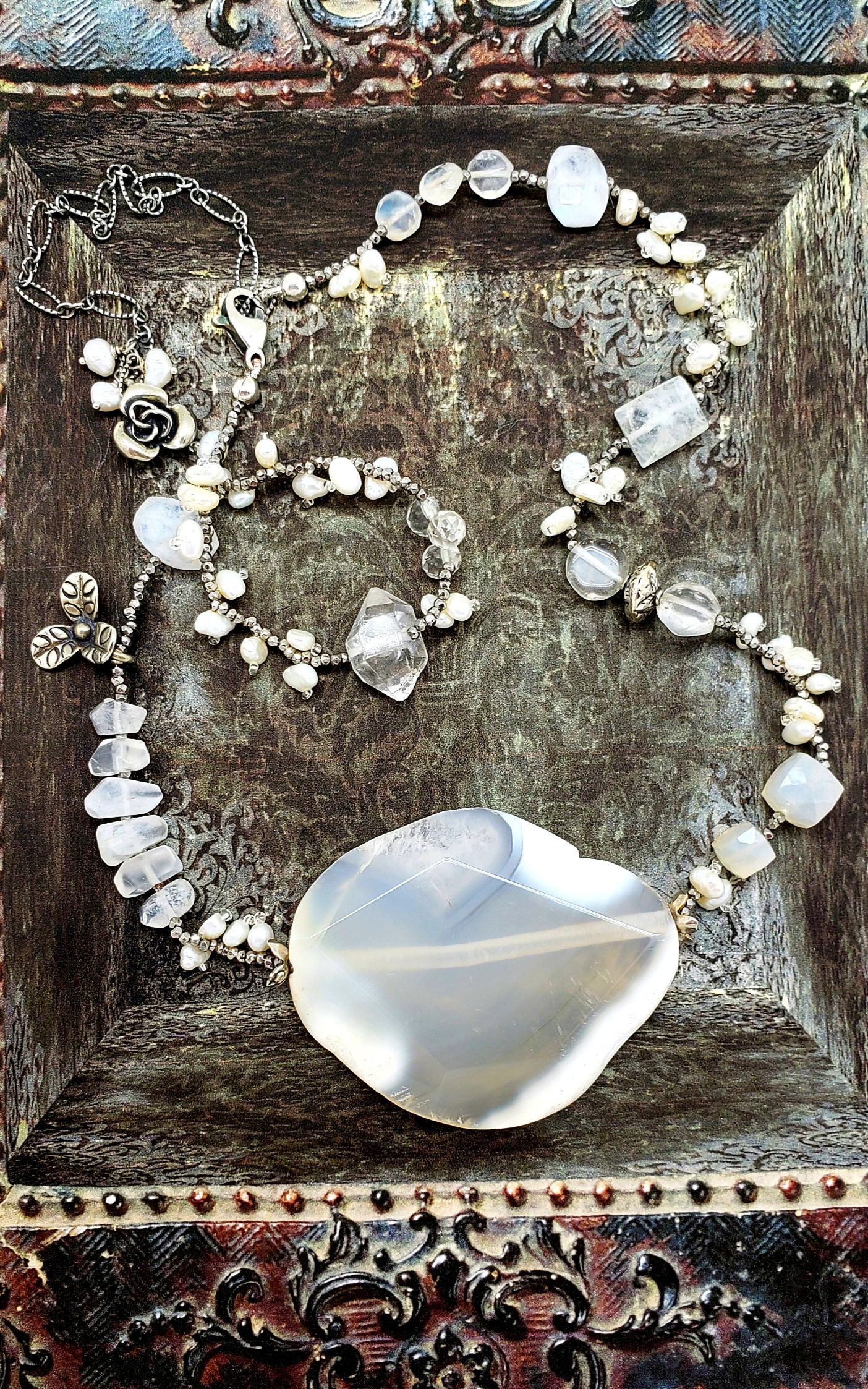 White Agate, Moonstone Necklace with Sterling Silver