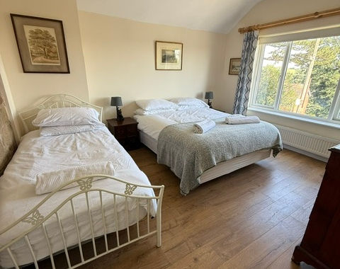 Serene bedroom: king-size bed, single bed, wood floors