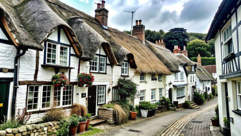 Charming thatched cottages, serene village scene