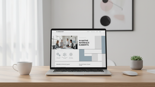 A modern workspace with a laptop showing a clean AI consultancy blog layout.
