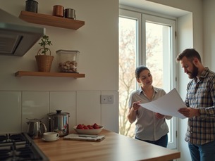 Eye-level view of a tradesperson discussing plans with a homeowner in a kitchen