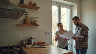 Eye-level view of a tradesperson discussing plans with a homeowner in a kitchen