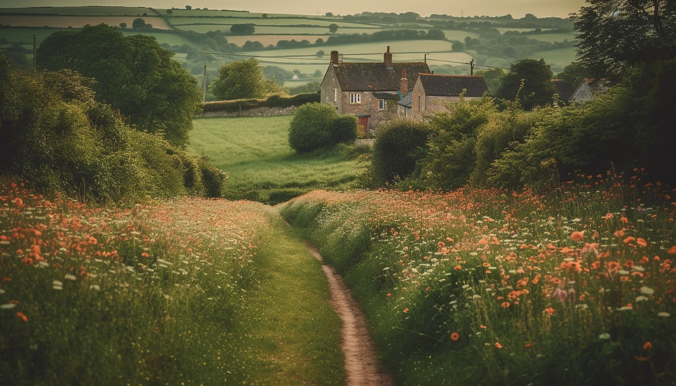 Serene countryside path, home nestled in rolling hills
