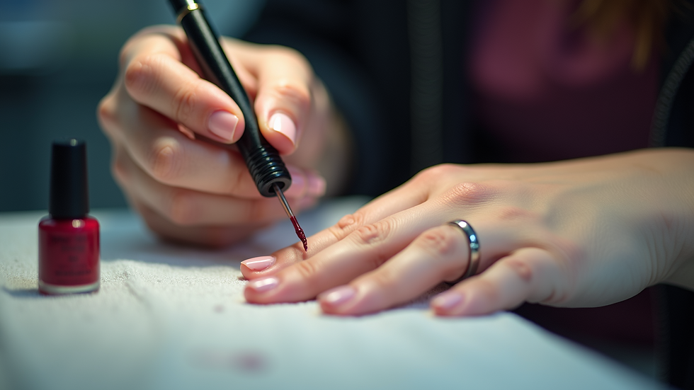 Close-up view of a nail technician applying nail polish