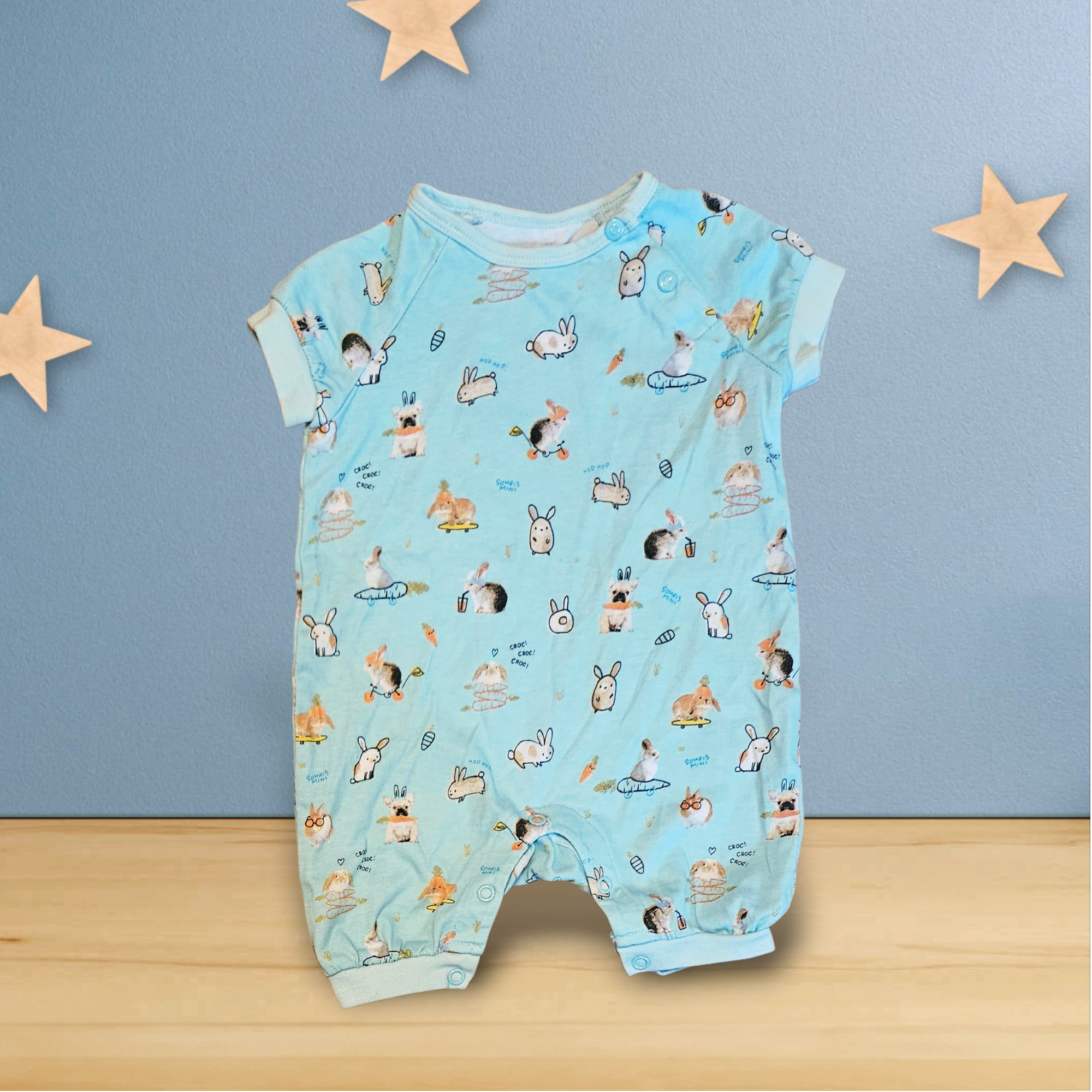 3 - 6 mois - Souris Mini - barboteuse turquoise avec lapins