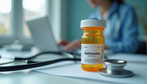 A desktop surface with background clinician tapping on a laptop. In the foreground, in particular focus is a medicine bottle with the label - 'Naltrexone'.