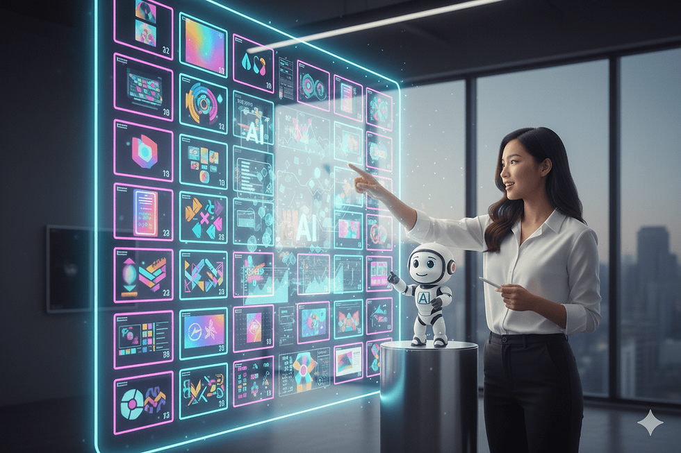 Woman and AI assistant analyzing data on a digital screen, representing hands-on AI training and teamwork.