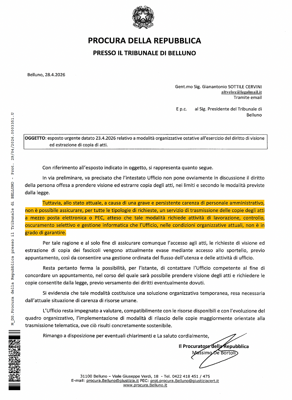 Riscontro procura belluno 29.04.2026