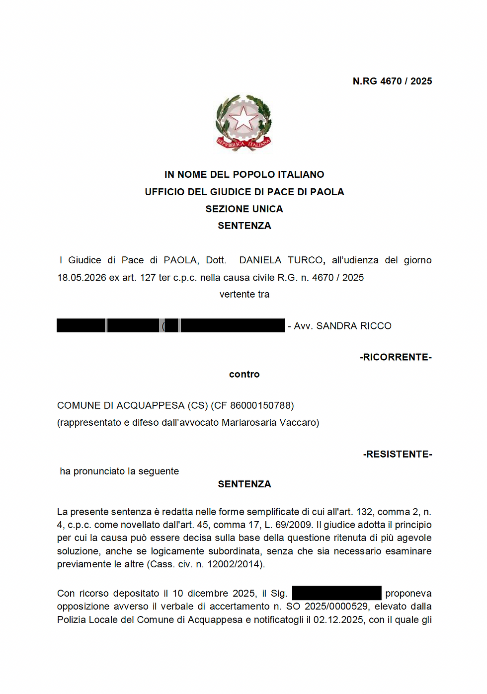 Sentenza GdP Paola 4670/2025