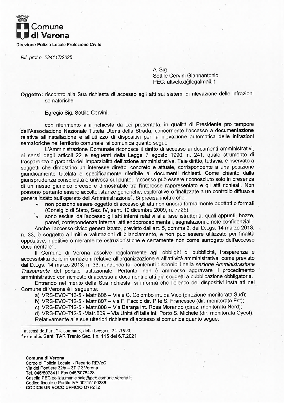 Risposta accesso Comune di Verona