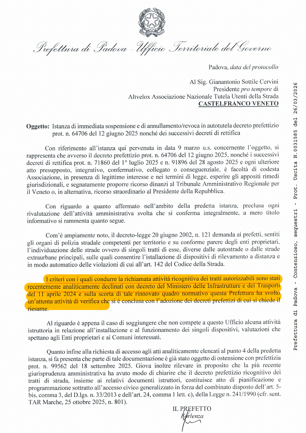 Riscontro prefettura Padova 26 marzo 2026