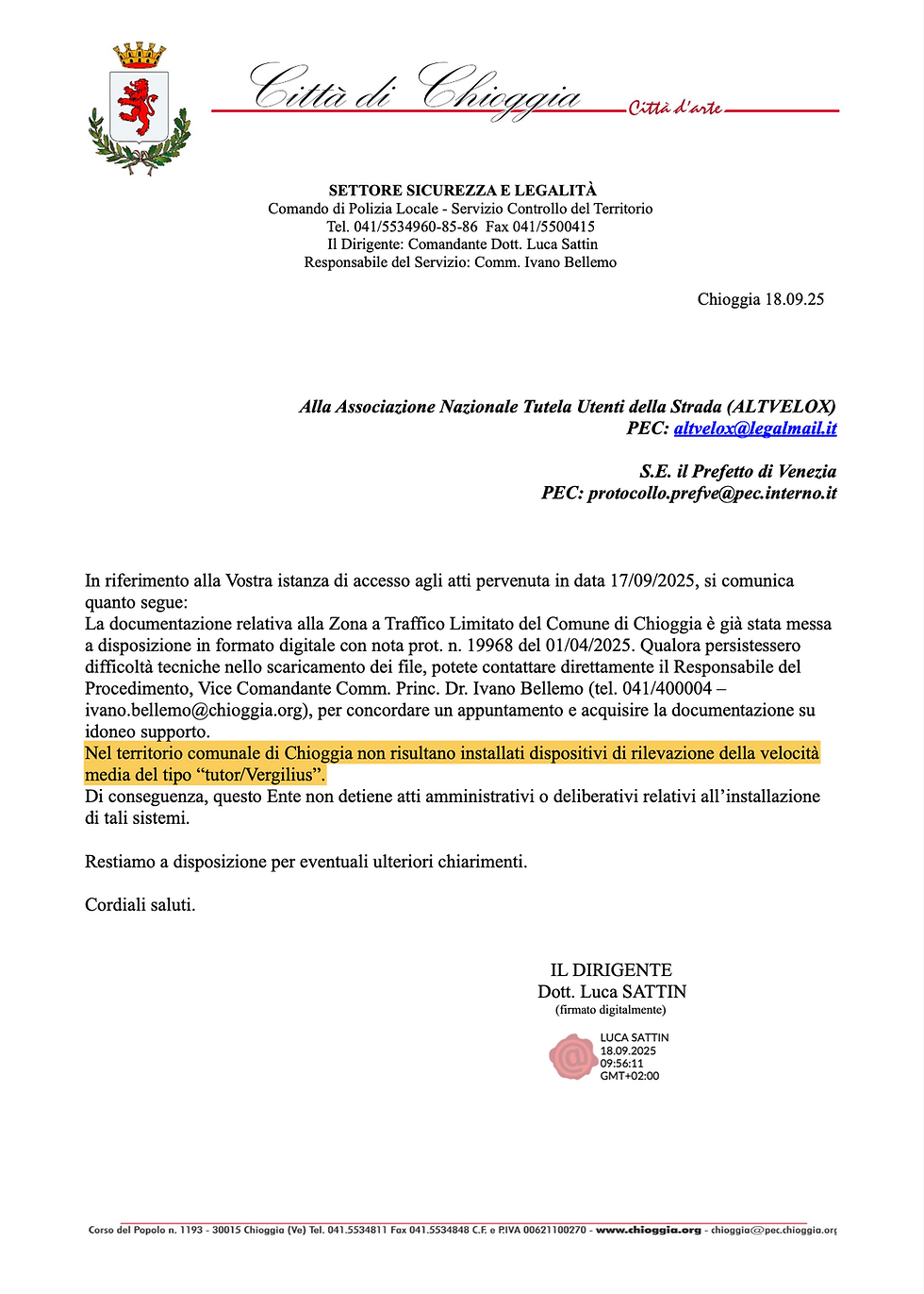 Risposta Comune di Chioggia del 18.09.2025