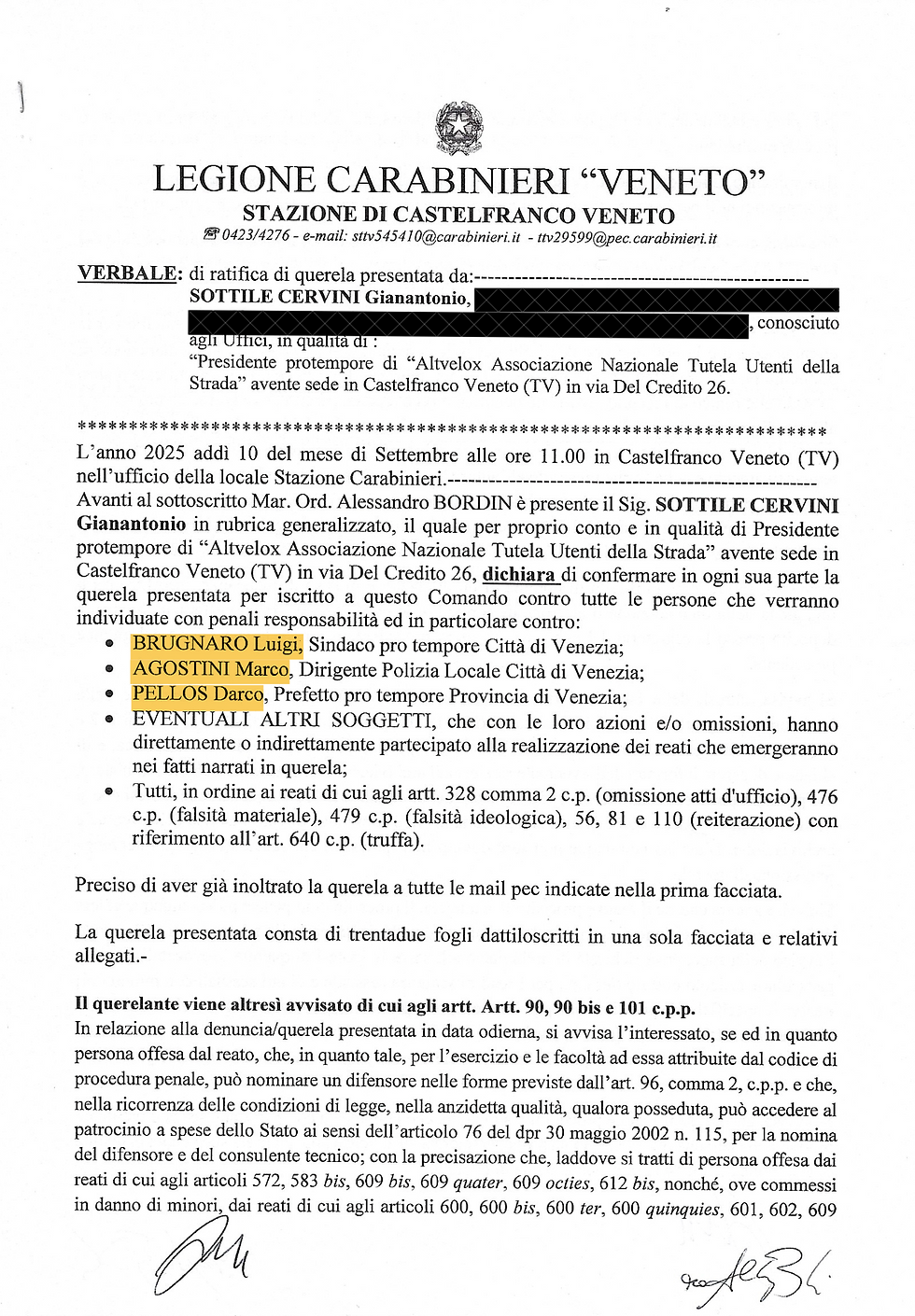 Verbale di denuncia del 10.09.2025