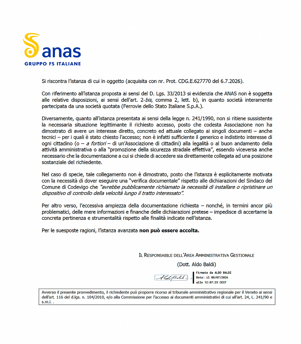 risposta di ANAS è arrivata con protocollo CDG.REGISTRO UFFICIALE.2026.0637352