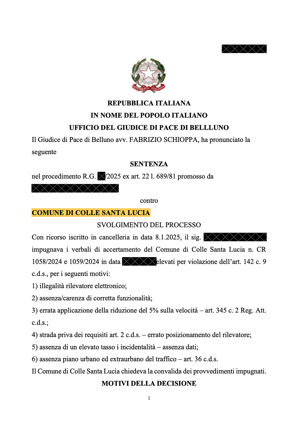 Ultima sentenza GdP di Belluno di Luglio 2025