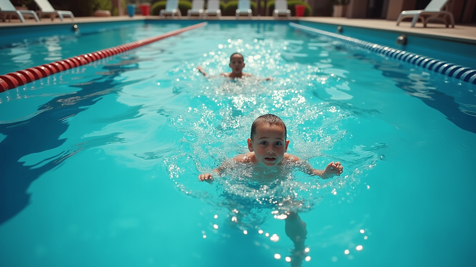 Eye-level view of a swimming pool with two children practicing swimming