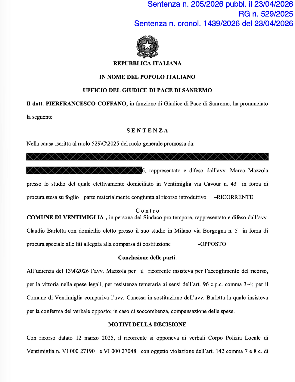 GdP Sanremo Sentenza 1439/2026 del 23.04.26