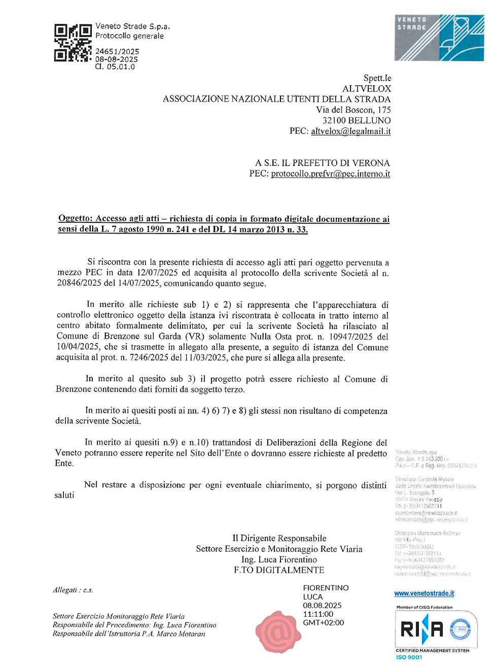 Risposta accesso Veneto Strade Spa 08.08.2025