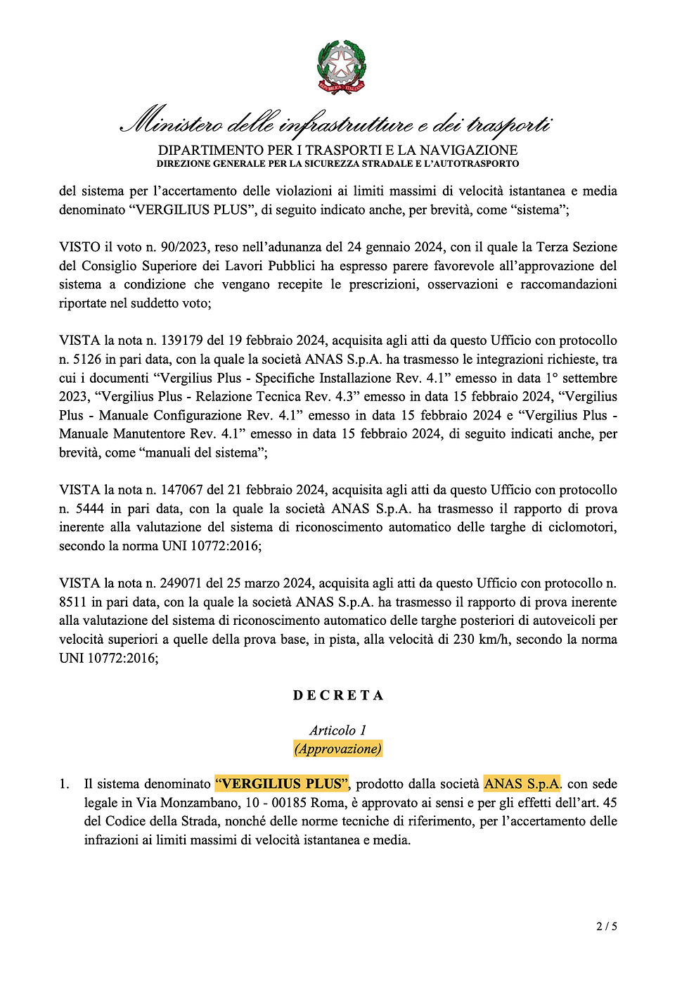 Approvazione MIT Vergilius Anas Spa
