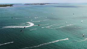 Aerial view of kiteboarders on the flat in the Florida Keys