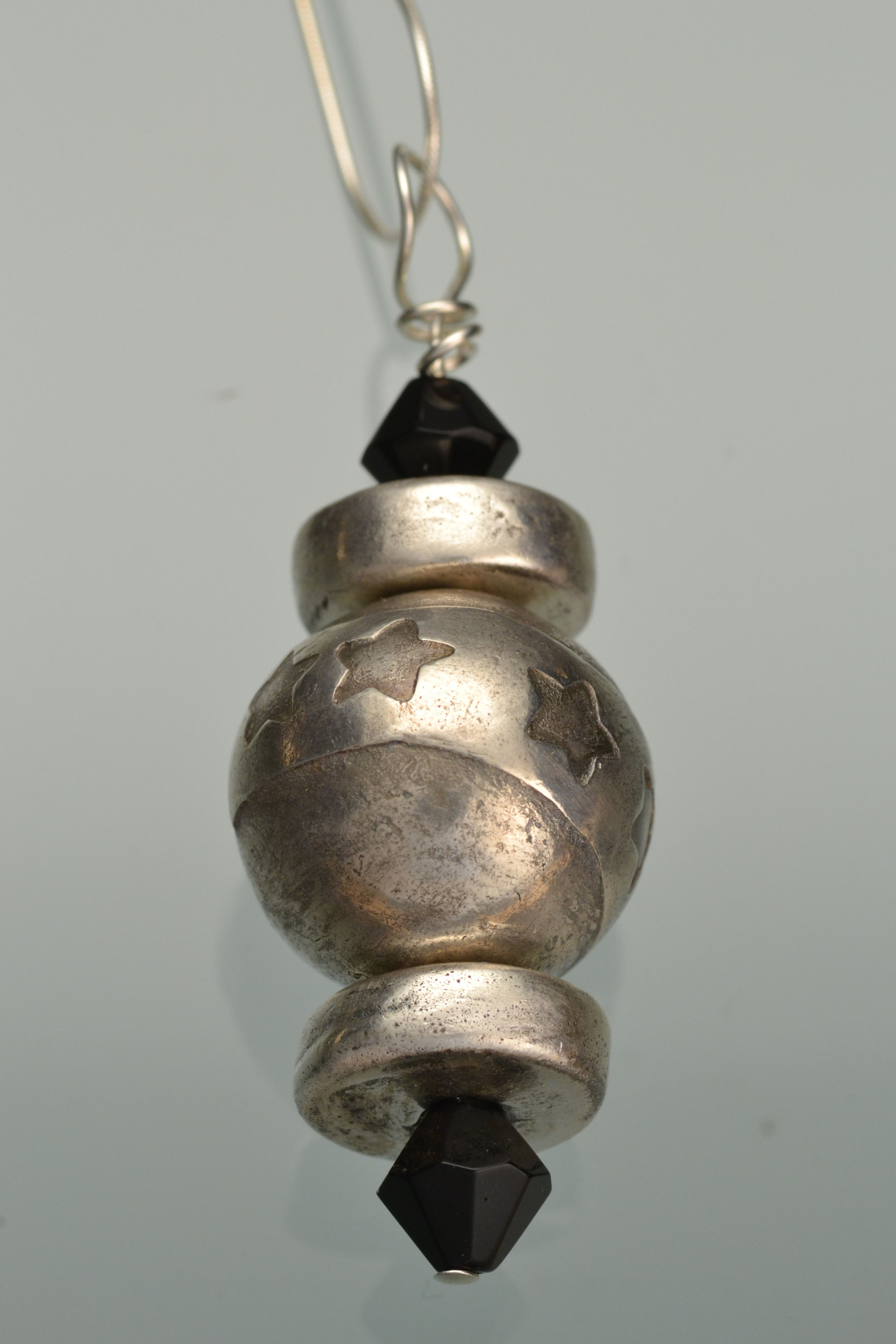 Silver clay beaded necklace with black crystal