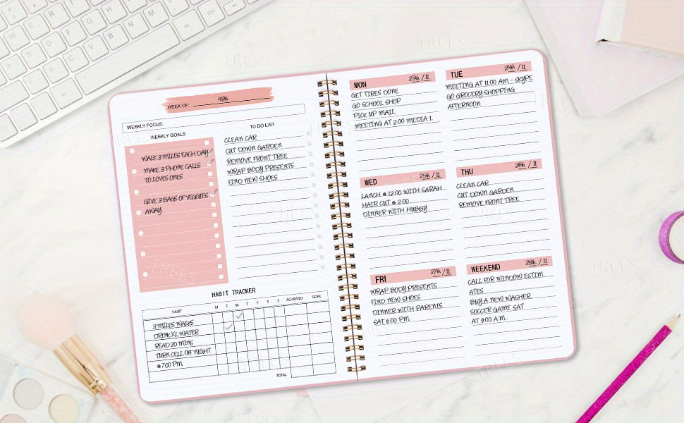 Thumbnail: 1pc Trees Spiral Undated A5 Daily Weekly Notebook Planner Agenda, Stationery Off