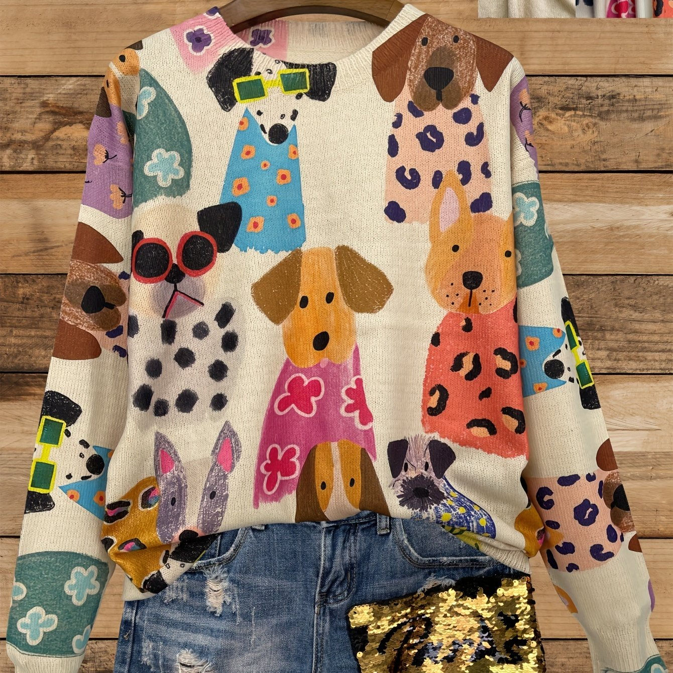 Women's Fashion Knit Sweater, Full Print, Lightweight, Cartoon Dogs Pattern, Rou
