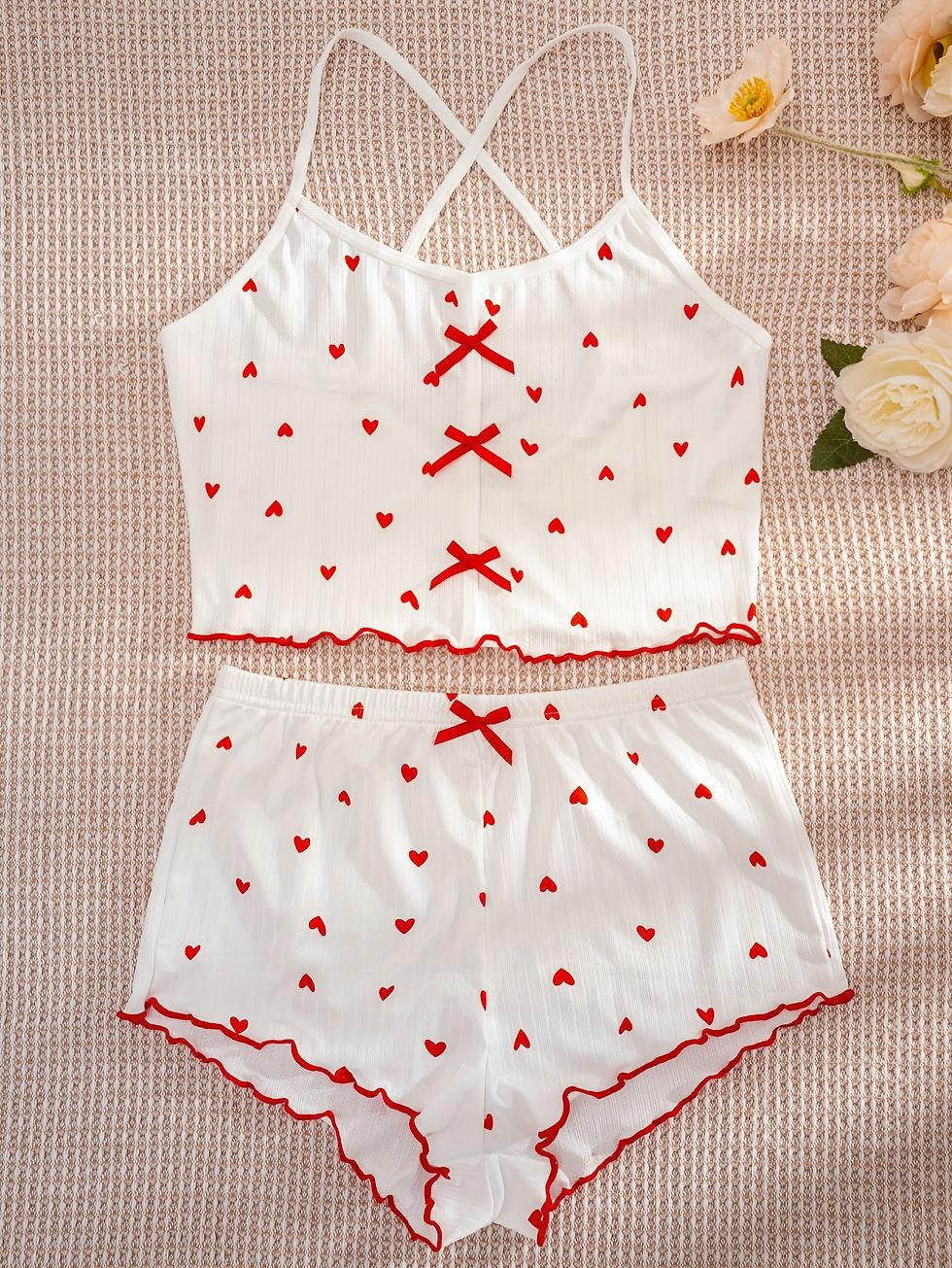 Thumbnail: Women's Pajama Set, Sexy Ribbed Ruffle Trim Heart Print, Sleeveless Top with Cro