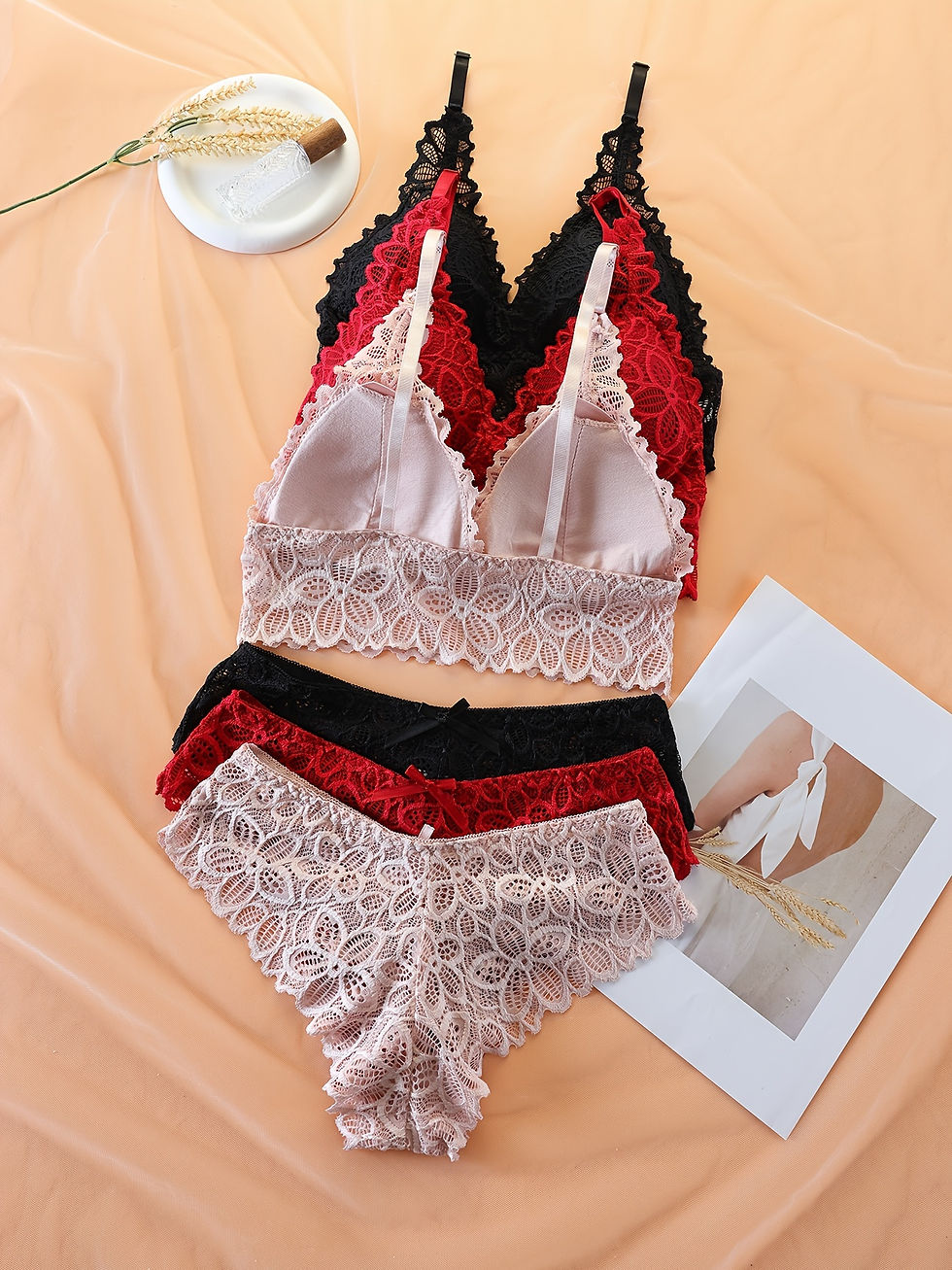 Thumbnail: 3pcs Set of Sexy Lace Trim Women'S Lingerie Designed to Gather And Support Side 
