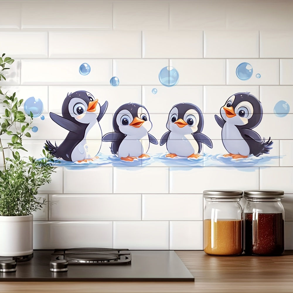 1pc Cute Penguin Playing Water Wall Sticker - Blue and White PVC Decal, Suitable
