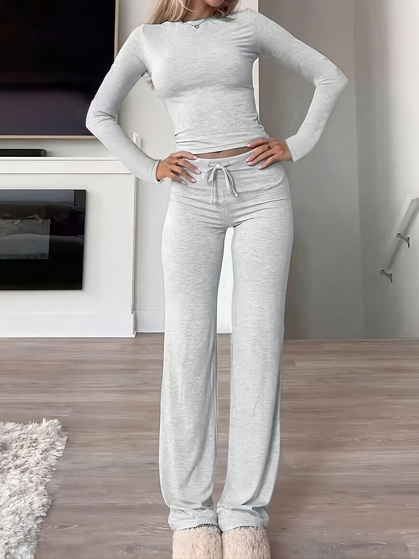 Kardashian-Style - Modal Long-Sleeve Ribbed Drawstring Loungewear Set