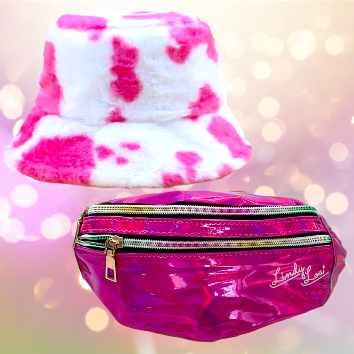 Pink/White Cow Print Fur Bucket Hat & Raspberry Pink Holographic Bum Bag Set