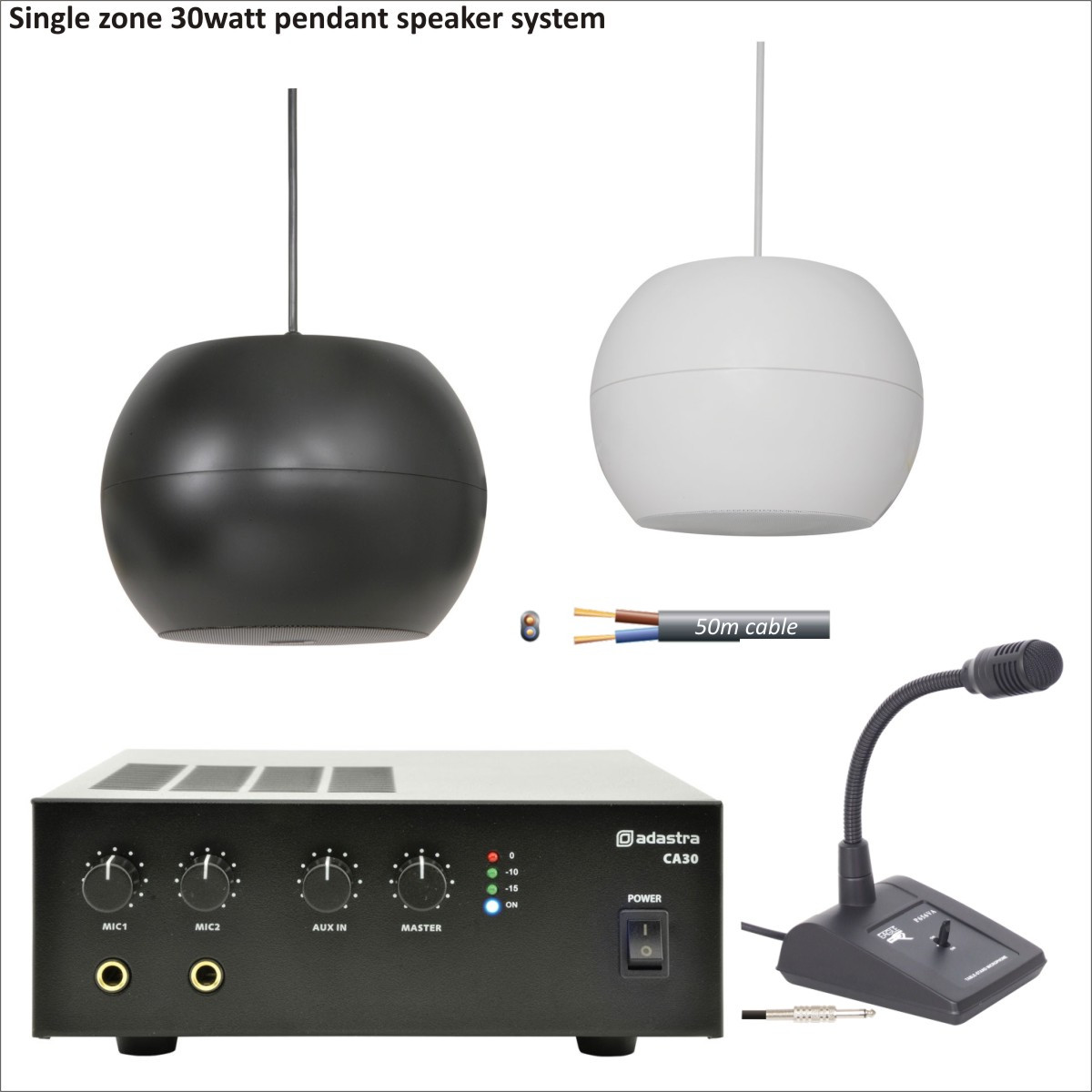 30 Watt single zone PA package with pendant speakers