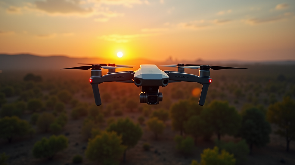 Wide angle view of a drone capturing a sunset over a wildlife reserve
