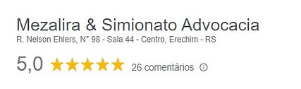 Possui o nome do escritório, seguido do endereço e da pontuação obtida no google, qual seja, cinco estrelas.