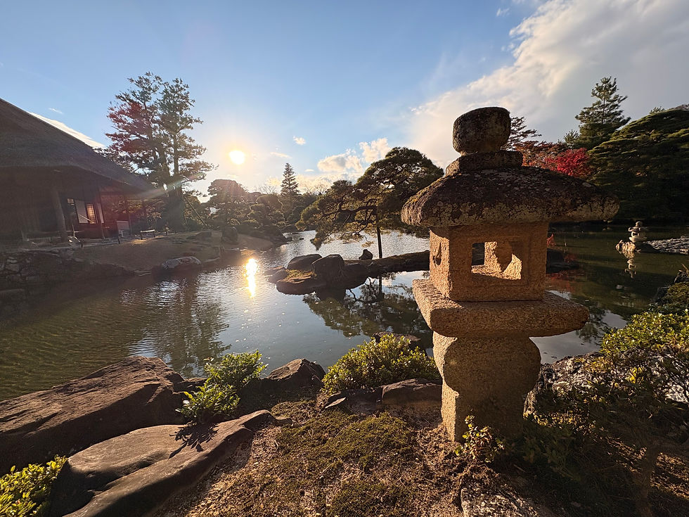 Zicht op de vijver en het theehuis in de schitterende zon die weerkaatst op het water.