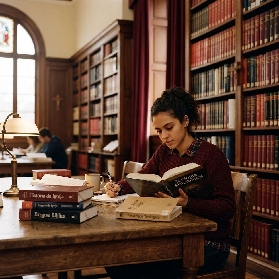 biblioteca teológica_aluno(a) pesquisando livros_ambiente acadêmico cristão, cores vermelh