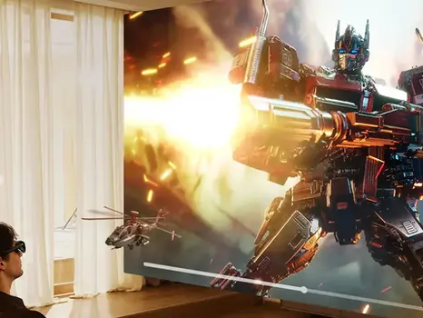 Man wearing AR glasses and watching a movie 