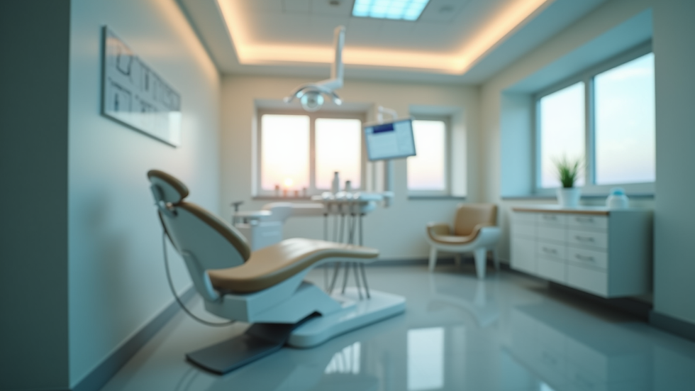 Close-up view of a calm dental clinic room with soft lighting and comfortable chair