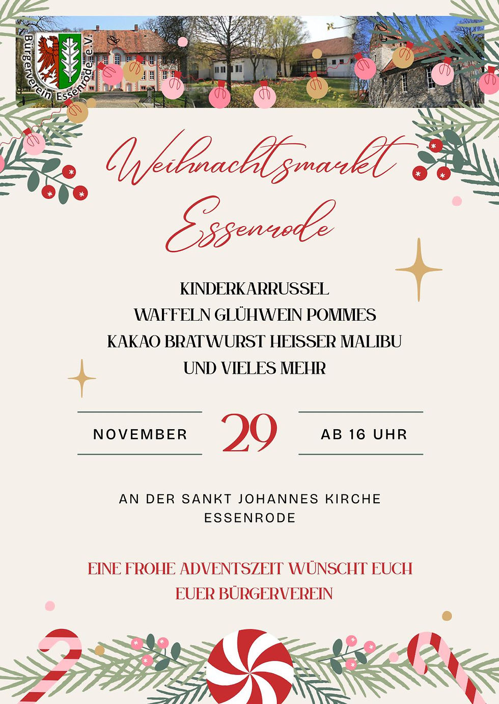 Am 29.11.25 findet wieder der beliebte Weihnachtsmarkt auf dem Kirchhof der St. Johannes Kirche statt. Ab 16 Uhr öffnen die Vereine ihre Buden und verköstigen euch mit leckeren Getränken und herzhaften und süßen Speisen. Für die Kinder gibt es wieder das alljährlich beliebte Kinderkarrussel. Kommt vorbei und genießt den Abend bei bester Weihnachtsstimmung.