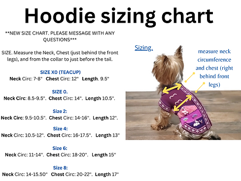 sizing chart for the dog hoodies