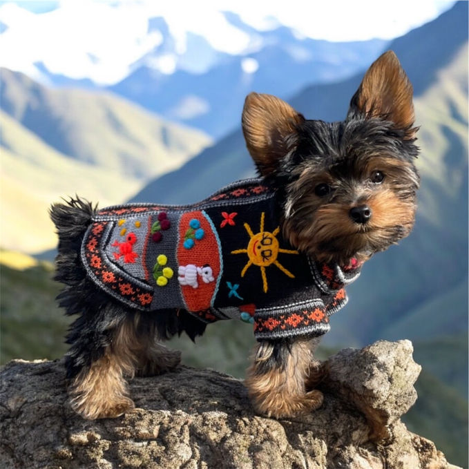 baby yorkie puppy wearing handmade zip up Peruvian dog sweater.