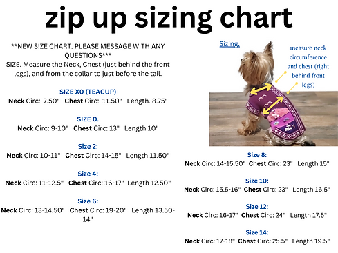 sizing chart for the zip up sweaters