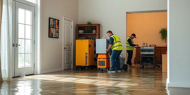 Industrial air movers drying a water-damaged home