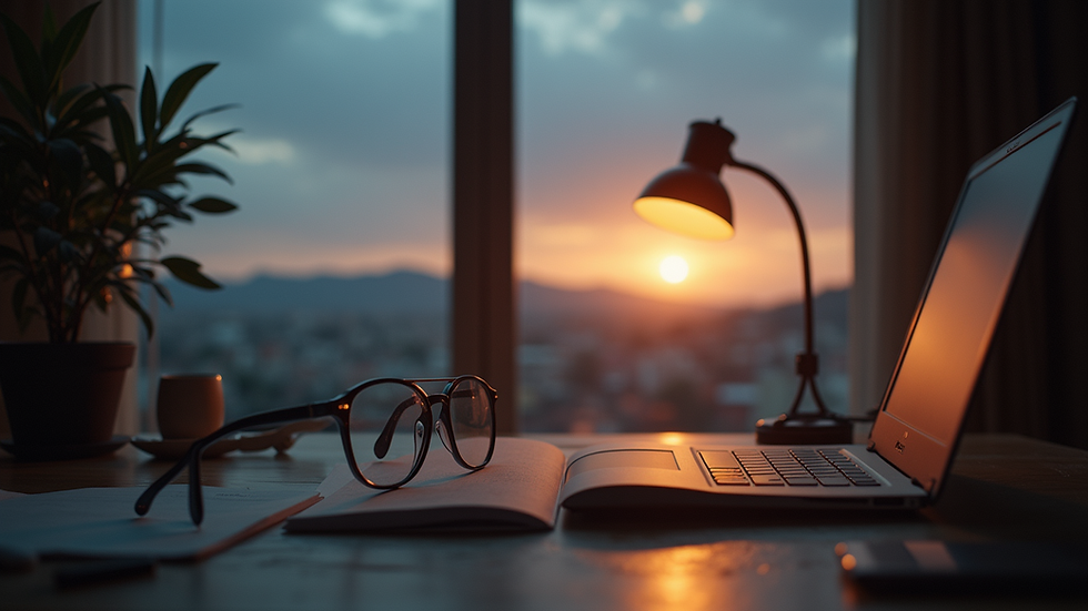 Vista a nivel de escritorio con gafas y una lámpara de luz cálida