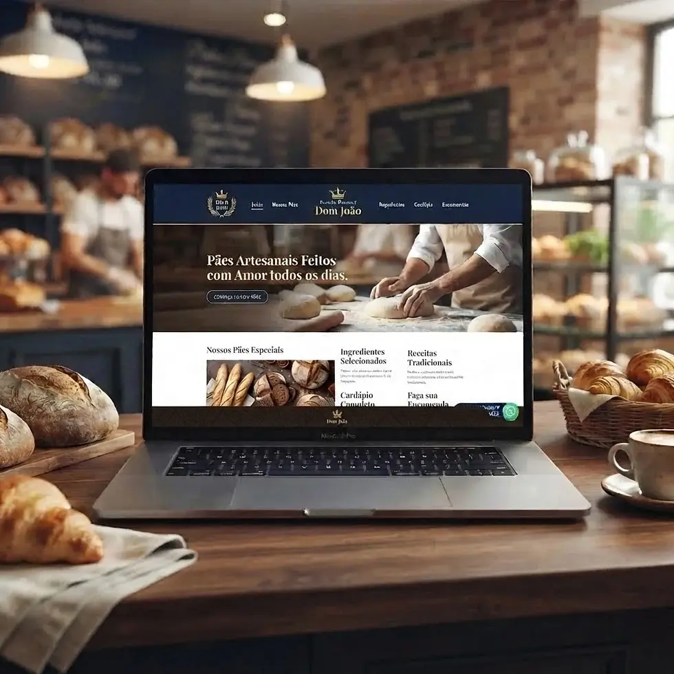 Digital setup photography shows a laptop displaying a bakery website on a wooden counter in a warm, inviting bakery setting with fresh pastries.