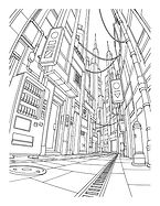 Vorschaubild Gasse aus 50 Cyberpunk Stadtszenen zum Ausmalen
