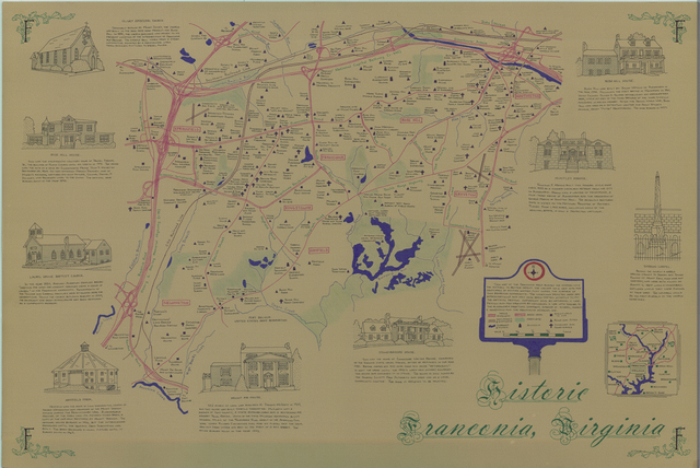 Nathaniel Lee's hand-drawn map of historic sites in the Franconia neighborhood surrounded by sketches of prominent homes and churches.