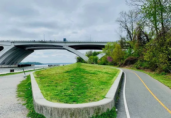 The Mount Vernon Bike Trail is shown running through Jones Point Park in Alexandria with the Woodrow Wilson Bridge in the background.