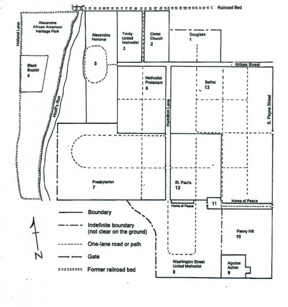 A map of the burial grounds included in the Wilkes Street cemetery complex.